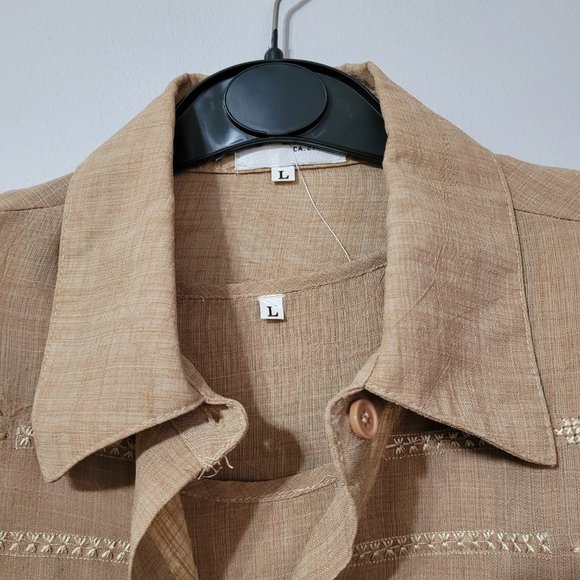 Vintage linen button down shirt and shell, tan, large - Picture 5 of 12